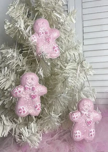 Set/3 Shabby Pink Gingerbread Ornaments Valentine Candyland Girly Cottage - Picture 1 of 12