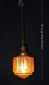 “Antique Art Deco Pendant Light 1930s Geometric Acid Etched Tinted Glass Lamp” - Picture 1 of 17