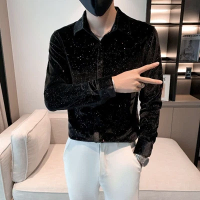 Blusa masculina fina de veludo retrô tops manga longa fantasia brilhante blusa camisa plleuche - Imagem 1 de 4