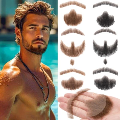 Fake Beard Human Hair Realistic Mustache Goatee Invisible Lace Facial Beards - Image 1 of 4