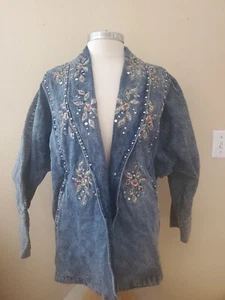 Vintage GOLDEN RIVER Tae Ya Beads Pearls Studded Jean Jacket Size S *NO BUTTON* - Picture 1 of 15