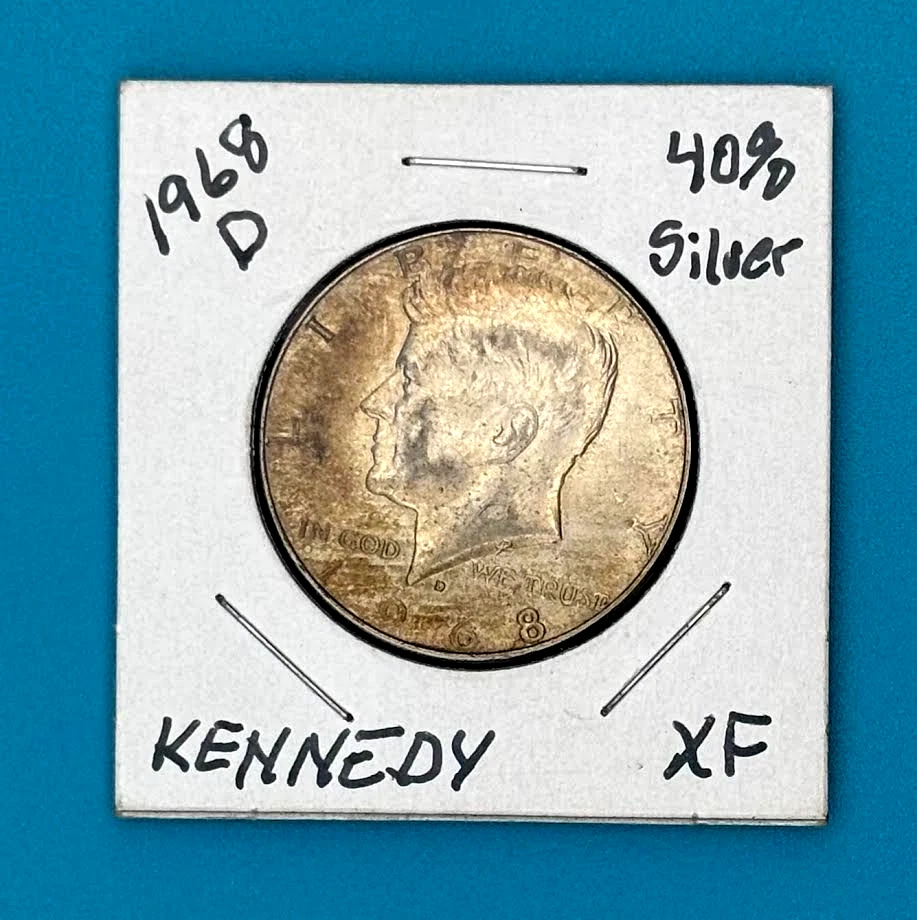 1968 D Kennedy meio dólar 40% prata XF tom dourado/azul iniciado-Denver estado perfeito - Imagem 1 de 2