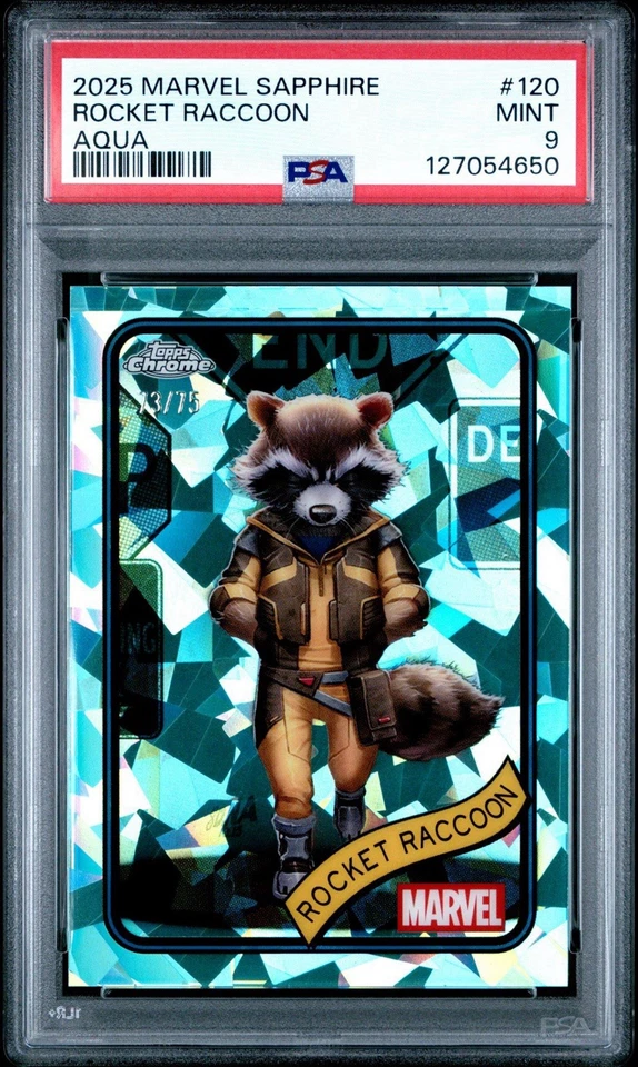 2025 Topps Chrome Marvel Sapphire Rocket Racoon Aqua Refractor /75 PSA 9 - Image 1 of 1