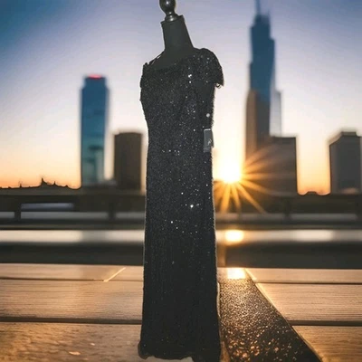 NWT! Adrianna Papell Women's Off Shoulder Black Sequins Maxi Gown Sz 14 $299 - Image 1 of 4