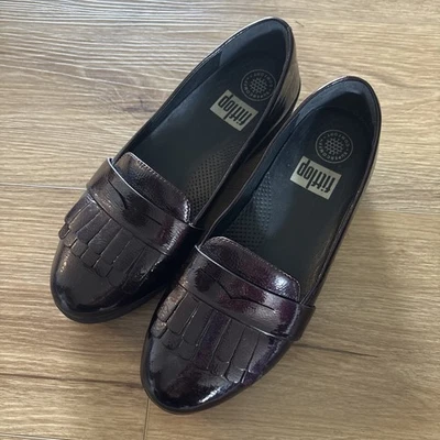 Zapato Mocasín Fitflop Para Mujer 6 Charol Flecos Cómodo Zapatos Borgoña Foto 1 de 4