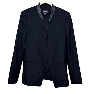 Blazer Club Monaco Mujer 8 Negro Mezcla Lana Cordero Cuero Cuello Esmoquin Chaqueta Foto 1 de 4