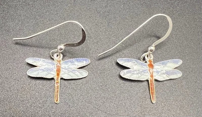 Enameled Dragonfly Motif Dangle Earrings Hook Wires 925 Sterling Silver 1.6g - Image 1 of 4
