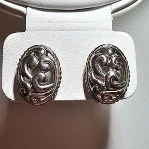 925 Filigree Silver Oval and Gold Tone Clip-On Earrings 3/4"Long - Picture 1 of 3