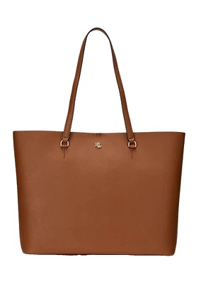 Ralph Lauren Crosshatch Leather Large Sophisticated Karly Tote  Lauren Tan $295 - Image 1 of 4