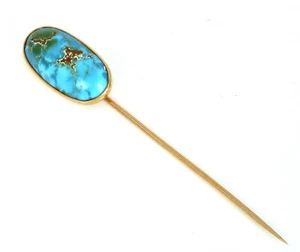 VINTAGE BEAUTIFUL 14K YELLOW GOLD FINE NATIVE BLUE TURQUOISE HAT STICK PIN 3.6G - Picture 1 of 3