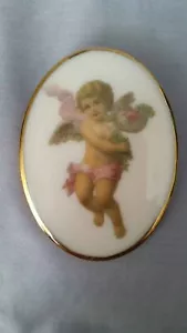 VTG Porcelain Victorian Angel Brooch 2.5" H x 1.75" L Pin Flowers Gold Tone Rim - Picture 1 of 6