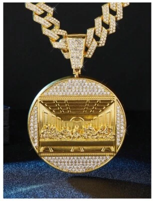 Colgante de cadena cúbica chapada en oro Última Cena Jesús Hip Hop helado medallón grande 24 Foto 1 de 4