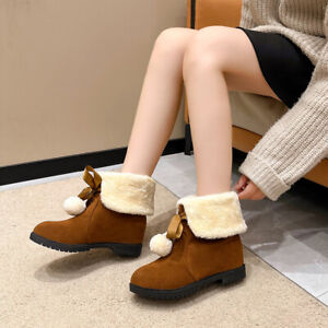 Women Mid Calf Hidden Heel Lace-up Fur Warm Winter Ankle Boots Casual Flats Shoe