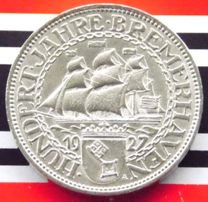 GERMAN 5 MARK 1927 A REICHSMARK BREMERHAVEN Silver Coin WEIMAR REPUBLIC RARE  - Picture 1 of 6