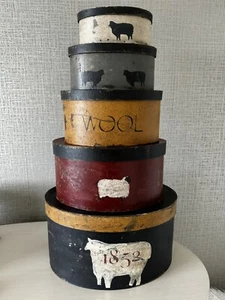 STUNNING 5 Large Oval Paper Mache BOX Set Covered in Mustard Primitive Art - Picture 1 of 10