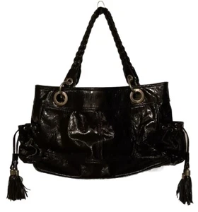 Tasche Black Crinkle Patent Leather Double Braided Handle Tassle Trim Large Bag - Picture 1 of 15