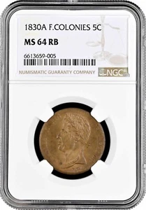 French Colonies 5 centimes 1830 A, NGC MS64 RB, "King Charles X (1824 - 1830)" - Picture 1 of 2