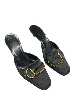 GUCCI GG холст кожаный лошадь бит мулы черный круглый носок винтажный - Изображение 1 из 4