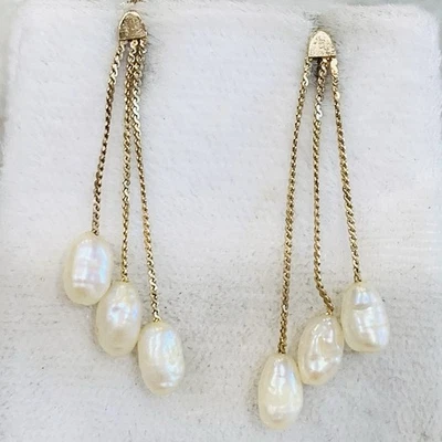 VTG Honora Rice Pearl 14K Solid Yellow Gold Earrings Dangle 1.17g 3 Strand 1.25” - Image 1 of 4