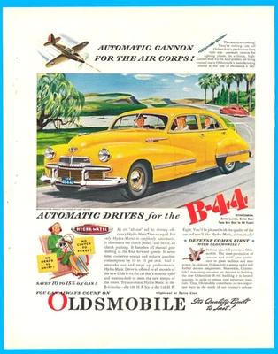 Oldsmobile automobile B-44 cannon fighter planes yellow car print ad 1942 WWII - Image 1 of 3