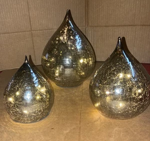 Evergreen LED Raindrop Shaped Glass Lights 3 Sizes 9”, 7”, & 5” Crackle Exterior - Picture 1 of 13