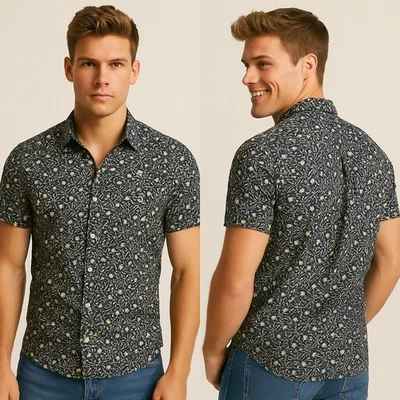 Topman Mens Large Navy Floral Button Shirt Muscle Fit Short Sleeve Modern Casual - Image 1 of 4