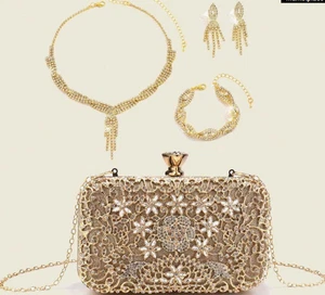 EVENING BAG- Glitter Rhinestone Hollow Cut Out Style Gold, w/Elegant Jewelry Set - Picture 1 of 4