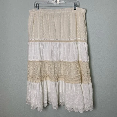 Coldwater Creek Skirt PETITE Medium White Tiered Lace Lined Boho Cream White - Image 1 of 4