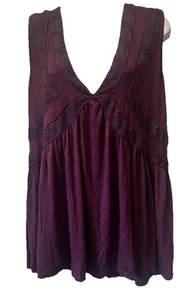 RUE 21 Plus 2X Sleeveless Blouse Tank Burgundy Babydoll Flowy Embroidered Boho - Picture 1 of 8