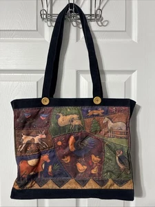 Art to Wear Beuteltasche groß blau Cord Bauernhof Tier Handtasche Kuh Eule Ziege signiert - Bild 1 von 3