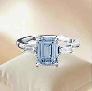 3.20 Ct Fancy Intense Blue 950 Platinum IGI Lab Grown Emerald Cut Diamond Ring - Picture 1 of 9