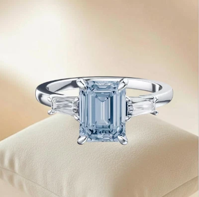 3.20 Ct Fancy Intense Blue 950 Platinum IGI Lab Grown Emerald Cut Diamond Ring - Image 1 of 4