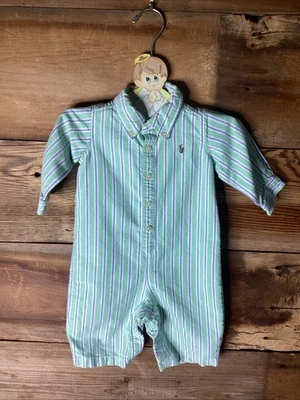 Ralph Lauren Green/navy Stripe  3months Button -Down Romper Classic Preppy - Image 1 of 4
