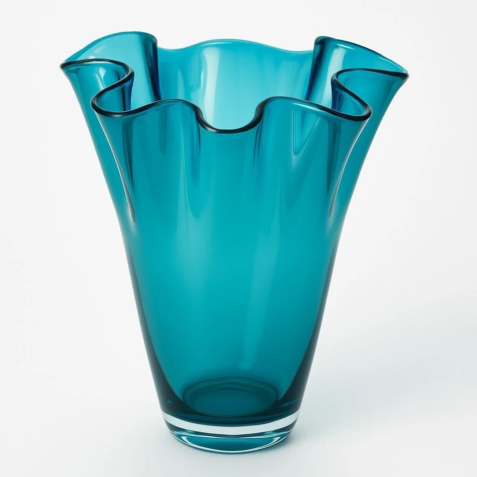 Vase Glass Wavy Turquoise Glass Vase Flower Vase Hand Blown Signature Table Vase - Image 1 of 4
