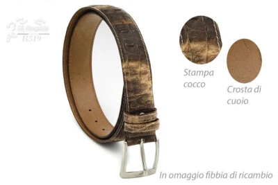 Ceinture Homme Femme Véritable Cuir Imprimé Crocodile Artisanal Réglable CM 4 - Photo 1/4