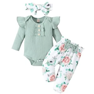 Baby Girl Clothes Newborn Outfit Infant Ruffle Sleeve Romper and Floral Pants... - Picture 1 of 9