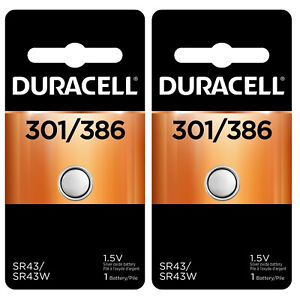 2 x 301/386 Duracell Silver Oxide Batteries (AG12, 10L124, SR1142W, SR43W)