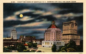 1940 City Hall & Court House at Night Asheville North Carolina NC Linen Postcard - Picture 1 of 2