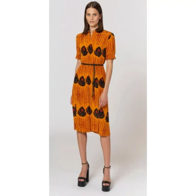 ALTUZARRA DRESS PRINTED KIERAN MIDI W/LEATHER BELT SIZE ITALY 48 US 12 100% SILK - Image 1 of 4
