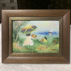 Framed Louis Cardin Enamel on Copper Painting Girl Umbrella Picking Flowers Boat - Picture 1 of 11