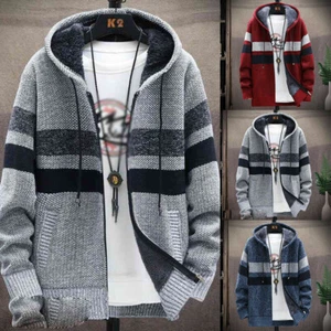 Mens Lined Jacket Winter Hoodie Thick Thermal Zip Up Top Fleece Knitted Cardigan - Picture 1 of 10