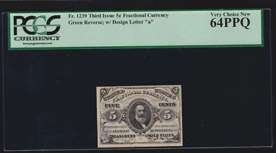 US 5c Fractional Currency Note Letter 'a' Green Back FR 1239 PCGS 64 PPQ Ch CU - Image 1 of 2
