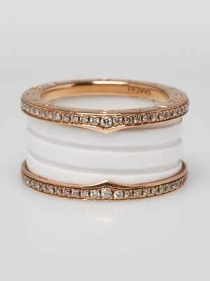 Anel Bvlgari ouro rosa 18k com diamante e cerâmica branca B.Zero 4 pulseiras tamanho... - Imagem 1 de 4