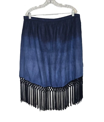 SOFT SURROUNDINGS Blue Ombre Skirt XL Petite Fringe Pull On Midi Boho Western - Image 1 of 4
