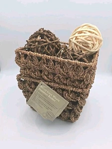 2 Square Brown Braided Wicker Baskets with 4 Natural Decorative Balls Fall Decor - Picture 1 of 10