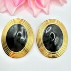 Vintage Designer Style Huge Chic Statement Earrings Black Enamel Gold Tone 80s
