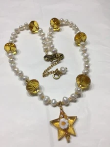 Vtg 90s Hand Crafted Fresh Water Pearl Yellow Crystal Bead Star Pendent Necklace - Picture 1 of 9