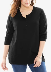 women's tops 34/36 4X PURE COTTON Long Sleeves Henley neck Tee TOP BLACK NWT - Picture 1 of 5