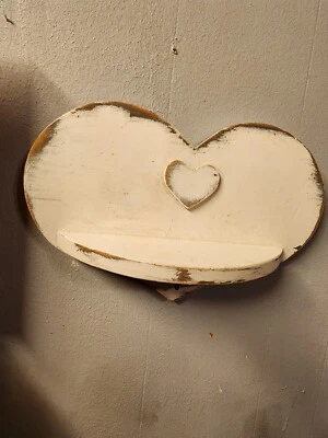 Vintage White Washed Rustic Wood Heart Shelf With Key Hook. 14" Tall, 8" Wide - Image 1 of 4