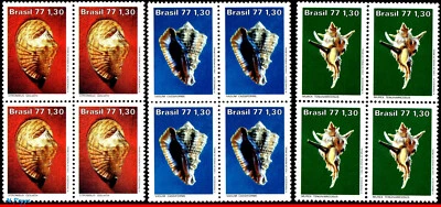 1513-15 BRASIL 1977 CONCHAS MARINAS, MOLUSCO, VIDA MARINA MI# 1604-06 C-992 BLOQUE MNH Foto 1 de 2